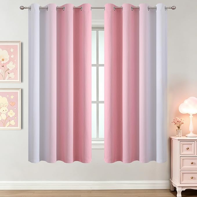 Estelar Textiler Pink and Greyish White Ombre Blackout Curtains 63 Inch Long for Kids Bedroom, Room Darkening Thermal Insulated Grommet Gradient Window Drapes for Living Room/Nursery, 52Wx63L,2 Panels