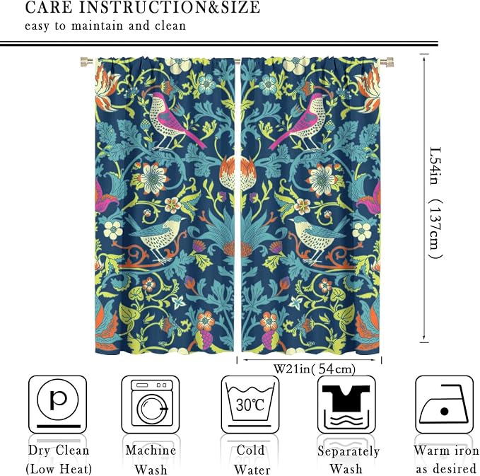 Boho William Morris Art Blackout Window Curtains, Magical Forest Vintage Flowers and Birds Rod Pocket Curtains, for Living Room Bedroom 21(W)*54(L) 2 Panels