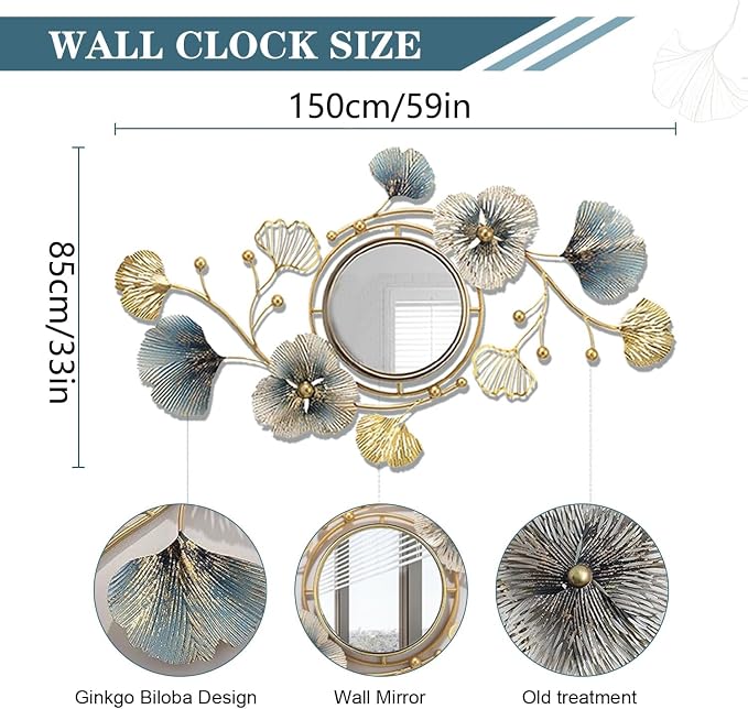 Metal Wall Mirrors Decor, Large Ginkgo Leaf Wall-Mounted Mirrors, Big Wall Decor Mirror, 3D Creative Modern Hanging Wall Mirrors Decorative, for Living Room Bedroom Entryway Bathroom (59X33 Inch)
