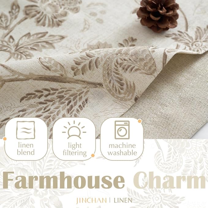 jinchan Floral Valance Curtain Linen Kitchen Valance for Windows 16 Inch Farmhouse Light Filtering Floral Short Window Treatment for Living Room 1 Panel Rod Pocket Double Layer Taupe on Beige