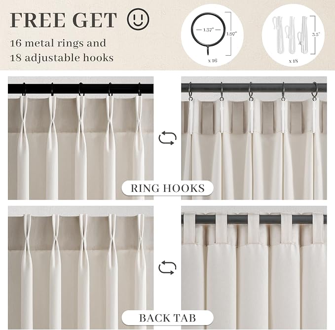 Ivory Beige 96 Inch Length Pinch Pleat Linen Curtains Drapes 2 Panels Set,Hooks Sense of Design Semi Sheer Elegance Window Curtains Living Room Bedroom,Half Price Drapes 96 inches Long Set of 2