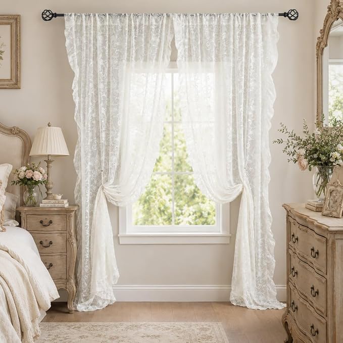TUDECO Lace Curtains 96 Inches Long - Antique Floral Sheer Embroidered Rustic Ruffle Curtains for Dining Room Rod Pocket Privacy French Deocr 1 Pair, 59 x 96 Inch, Ivory