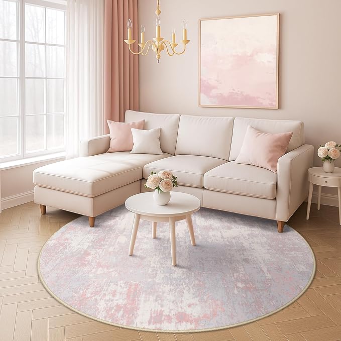 RELEANY Washable Area Rugs 6ft Non-Slip Modern Abstract Soft for Living Room Entryway Bedroom Kitchen, Print Pattern, Grey Pink