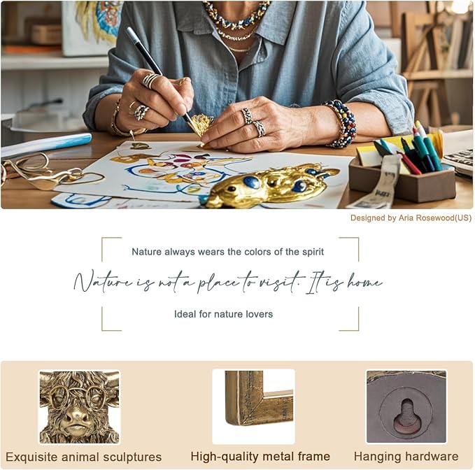 Newinhome Animal Heads Wall Decor (Includes Metal Frame) Resin Animals Sculptures Head Wall Hanging Decoration Gold vintage Wall Sculpture for Living Room Bedroom Office(Highland cattle)