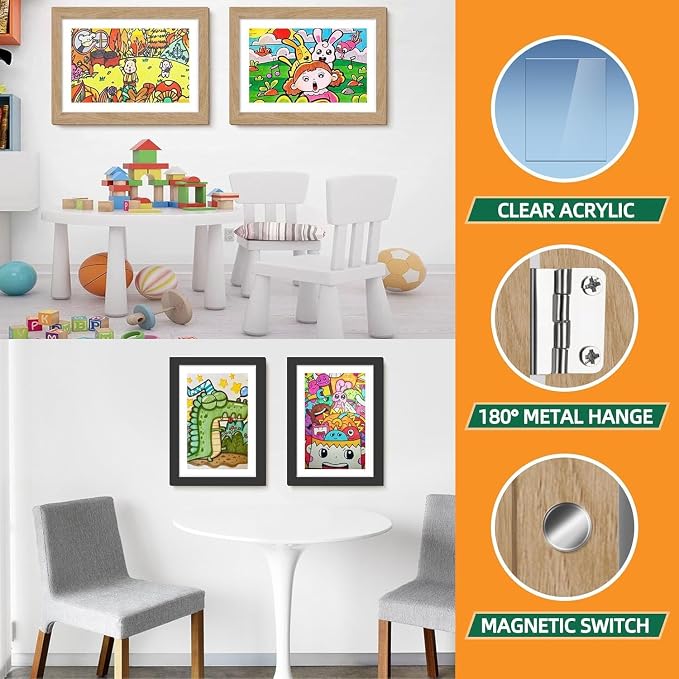2 Pack Kids Art Frames 9x12 Inch Kids Artwork Flip Frame Changeable for Picture Display, Children School Drawing Projects Storage, Horizontally Vertically Wall Hanging, Front Opening, Wood