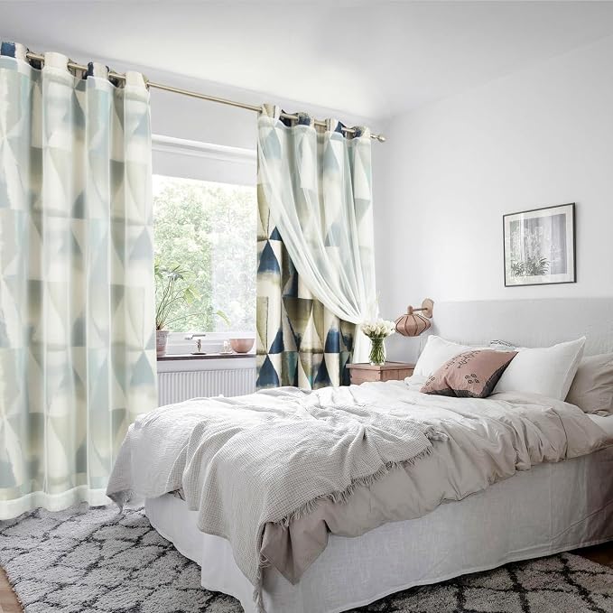 Leeva Double Layer Blackout Curtains with Sheer Overlay, Modern Blue Geometric Room Darkening Privacy Window Curtain Drapes for Bedroom Living Room, 52 x 63, Grommet Top