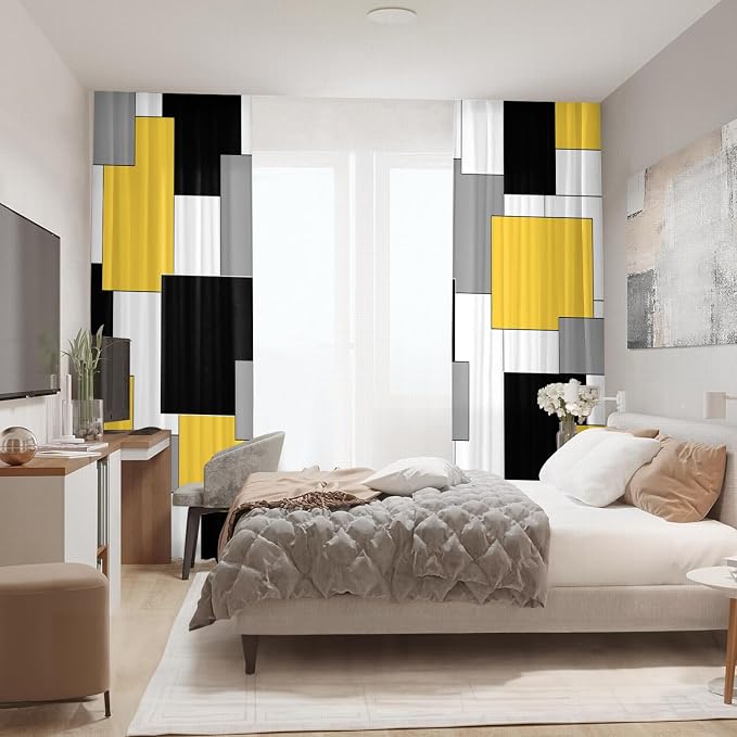 Yellow and Black Curtains for Living Room 84 Length Geometry Curtains Modern Yellow Grey Abstract Rod Pocket Curtain for Bedroom Kitchen Room Window Drapes 2 Panels