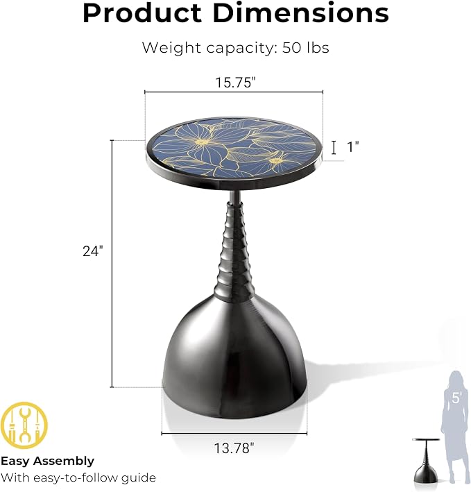 Homes: Inside + Out Halric Modern 24" Tall Round End Table with Decorated Tabletop and Iron Metal Base, Accent Furniture, Elegant Pedestal Stand for Living Room, Home Office, Black with Floral Print