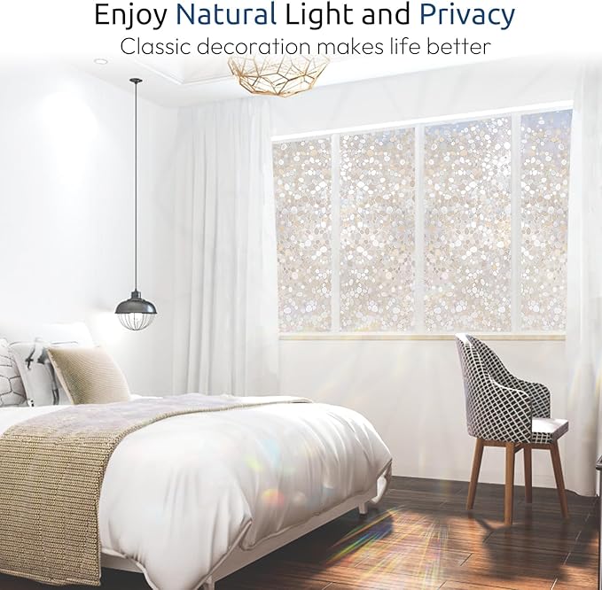 rabbitgoo Window Privacy Film, Decorative Rainbow Window Clings for Glass Covering, Static Cling Non Adhesive Door Stickers UV Blocking, Stained Glass Vinyl Decal, 3D Pebble, 17.5 x 118.1 inches