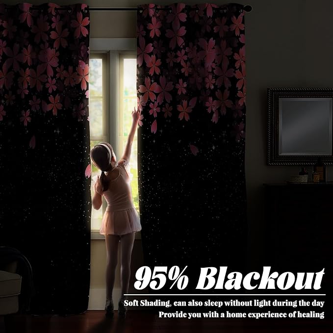 Renaiss Pink Cherry Patels Blackout Curtains, Japanese Cherry Flowers Thermal Insulated Bedroom Window Curtains, Black Floral Bossom Window Drapes for Living Room, 84" L x 42" W 2 Panel Set