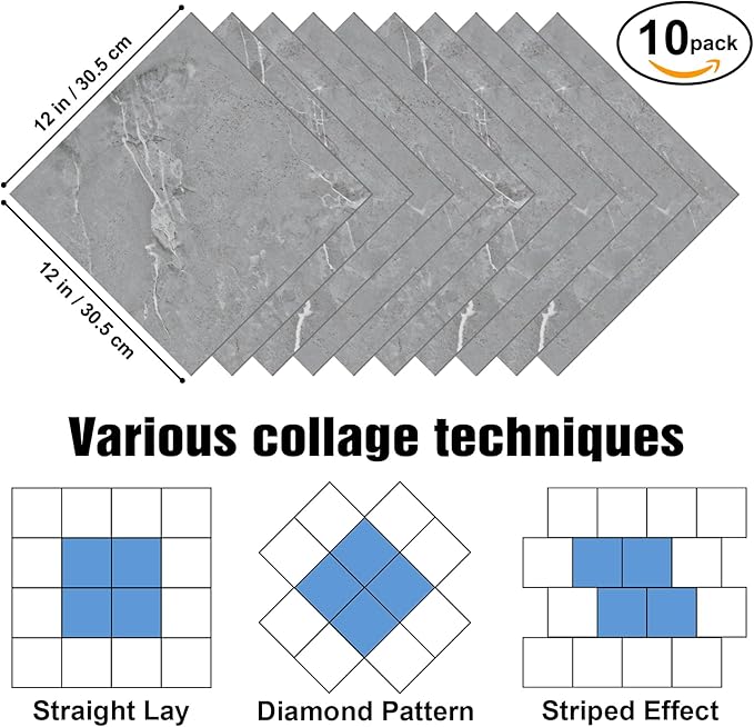Peel and Stick Floor Tiles 10-Pack,Grey Marble Pattern Flooring,12"x12" Self Adhesive Waterproof Vinyl Flooring DIY for Kitchen Bathroom Dining Room Bedroom Living Room Laundry,Cover 10 Sq.Ft