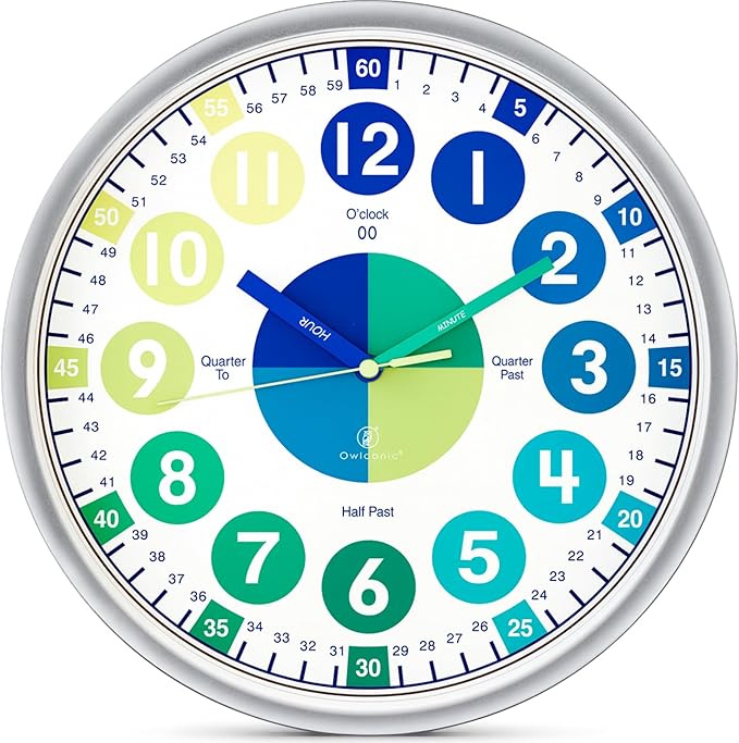 OWLCONIC Clock for Kids – Educational Analog Learning Wall Clock, Non Ticking Teaching Clock for Classroom & Homeschool, Silent Kids Bedroom Décor Blue Green