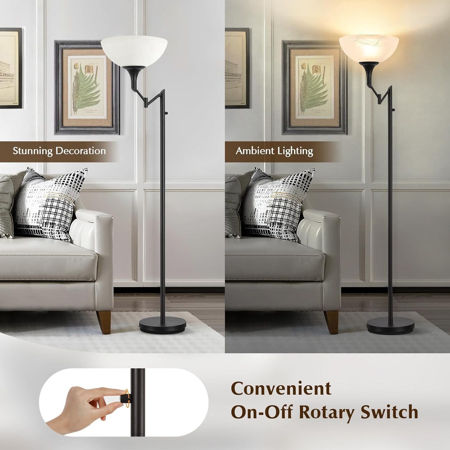 Floor Lamps for Living Room Black, 70" Tall Standing Lamp with Glass Shade, Torchiere Floor Lamp with 350°Adjustable Swing Arm Lamp, Pole lamp for Bedroom, Living Room, Office, Bulbs Included