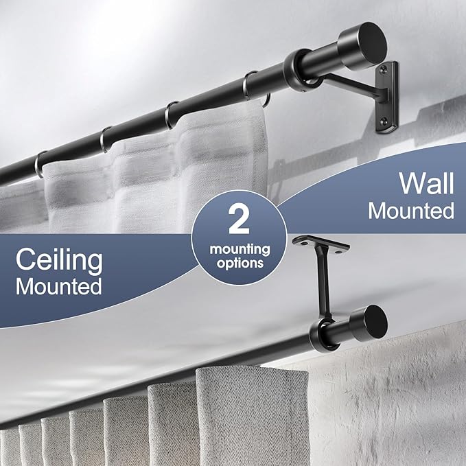Curtain Rods for Windows, 1 Inch Black Curtain Rod Set, Heavy Duty Drapery Rods with Adjustable Curtain Rods, Outdoor Modern Curtain Rod with Simple End Caps (Black, 30"-120" 2 Pack)
