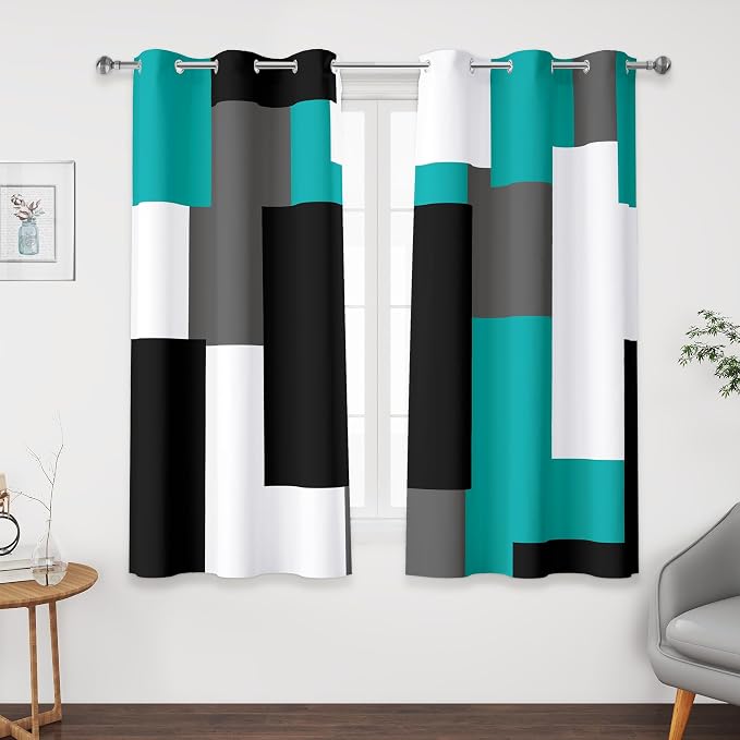 Tyrot Teal/Turquoise 100% Blackout Curtains 45 inch Length 2 Panels Set Black White Grey Modern Abstract Geometric Drapes for Kitchen Curtains Insulated Room Darkening Small Window Curtains, 42Wx45L