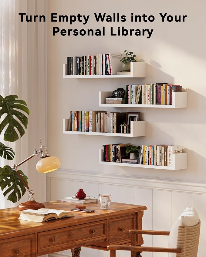 Floating Bookshelves for Wall - Wall Mounted Bookshelf Set of 4, U-Shaped Hanging Bookshelf for Bedroom, Living Room & Office, Wall Book Shelf for Home Decor & Storage (4, White, 23.63 Inches)