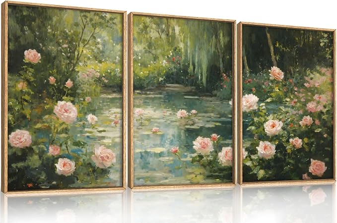 Water Lilies Monet Framed Canvas Wall Art Set,Garden Pond Impressionist Floral Wall Decor,Vintage Oil Green Vibrant Flower Botanical Artwork for Living Room, Bedroom,Farmhouse- 24"x36"x3