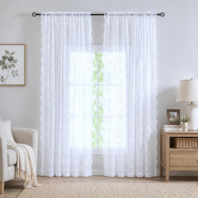 YJ YANJUN Vintage Lace Curtains 96 Inches Long Brilliant White 2 Panels | Floral Pattern,Sheer, Light-Filtering,French,All-space perfect,Rod Pocket