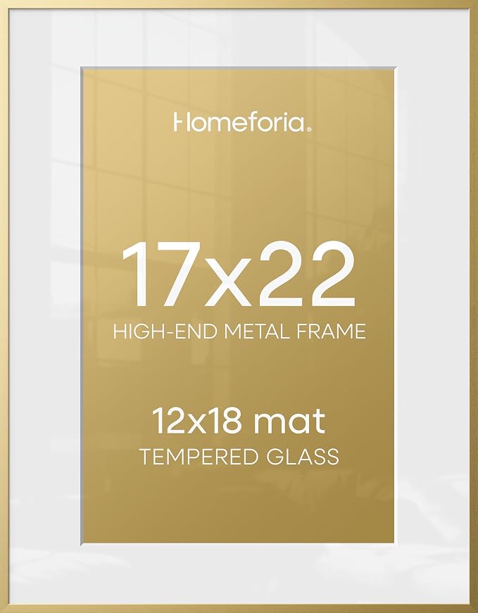 Homeforia 17x22 Picture Frame Gold, High End Metal 17x22 Poster Frames with Mat 12x18 Photo, 17 x 22 Gold Frame Matted to 12 by 18 Print, 22by17 Thin Hanging Frames, Tempered Glass, Wall Kit, Set of 1