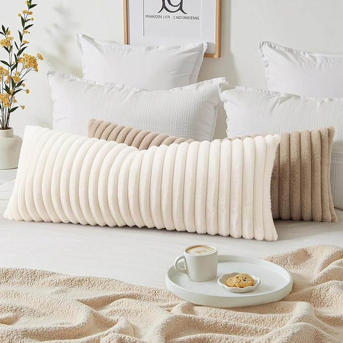 decorUhome Fall Cozy Faux Fur Throw Pillow Covers 14x36 Pack of 1 Decorative Soft Plush Striped Lumbar Modern Farmhouse Boho Couch Pillow Cases with Velvet Back for Sofa Bed Living Room, Khaki Brown