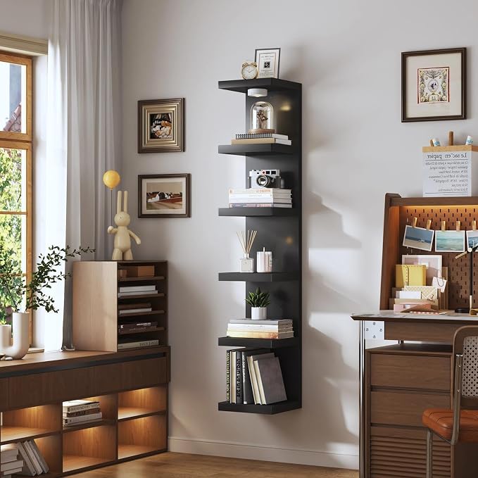 2 Pack 6-Tier Vertical Wall Shelf Unit with USB Rechargeable Led Light (Remote Controlled),Versatile Floating Display Shelves,Lack Style Wall Shelves for Bedroom,Living Room,Office Decor,Vanity-Black
