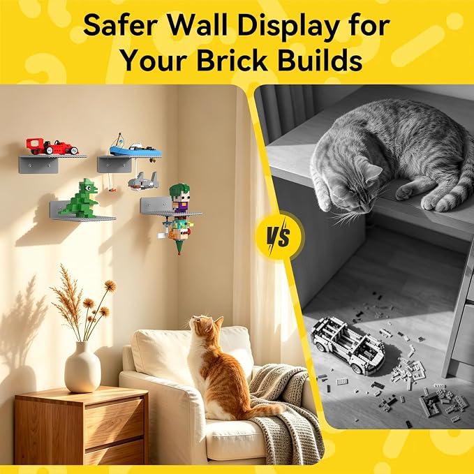 BlissBox 9-Pack Floating Display Shelves for Wall Compatible with Lego Building Bricks, 5 × 5.5 Inch Dual-Sided 16 × 17 Studs for Brick Storage and Display, ABS Display Shelf for Room Decor, Gray