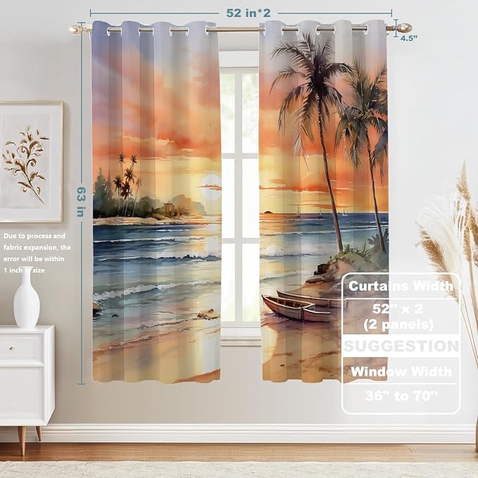 Shrahala Sunset Beach Thermal Insulated Blackout Window Curtains, Tropical Seaside Scene Long Drapes for Bedroom/Living Room with Plastic Grommet, 52X63 Set of 2