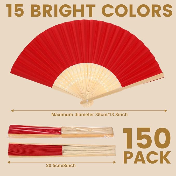 Qunclay 150 Pcs Bright Color Paper Hand Fans Bulk Bamboo Folding Handheld Wedding Fans for Bridal Dancing Party Favors Church Home Decoration Gift DIY Supplies Stage Props in OPP Individual Package