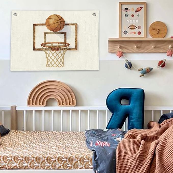 RTXLEZM Basketball Room Decor for Boys, Retro Basketball Hoop Canvas Banner Wall Hanging, Kids Playroom Wall Art Prints for Kids Toddler Boys Nursery Room Bedroom Playroom Decor, 20x30 Inch
