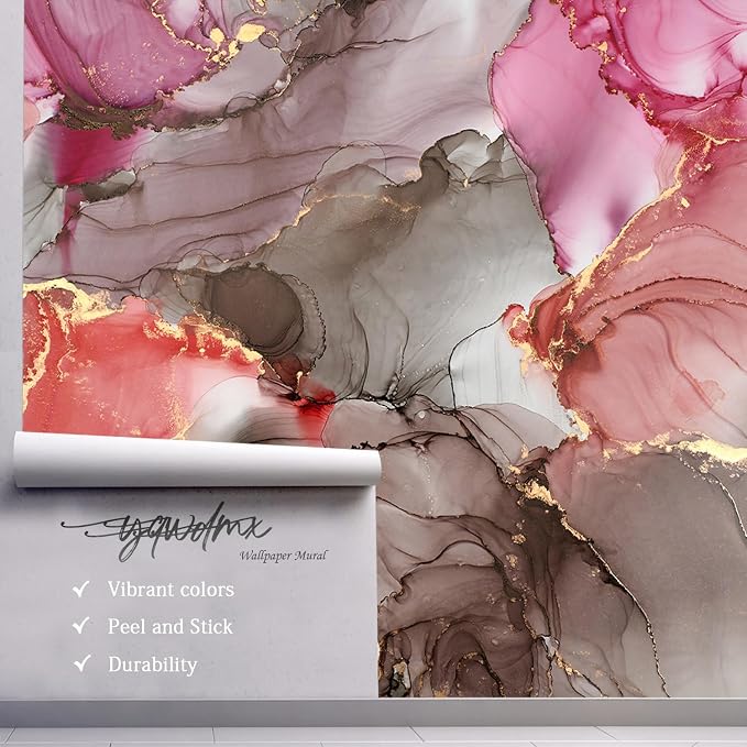 YQWDMX - Pink Marble Peel and Stick Wallpaper with Modern Abstract self-Adhesive Mural for Bedroom ZY14 L