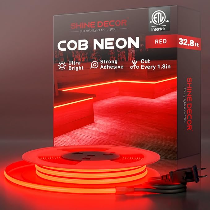 Shine Decor COB LED Rope Light AC 120V, 800lm Ultra Bright, IP65 Waterproof Cold-Resistant ETL Neon Strip, No Driver Tape Lighting for Home Commercial 10x4.5mm, Red, 32.8ft