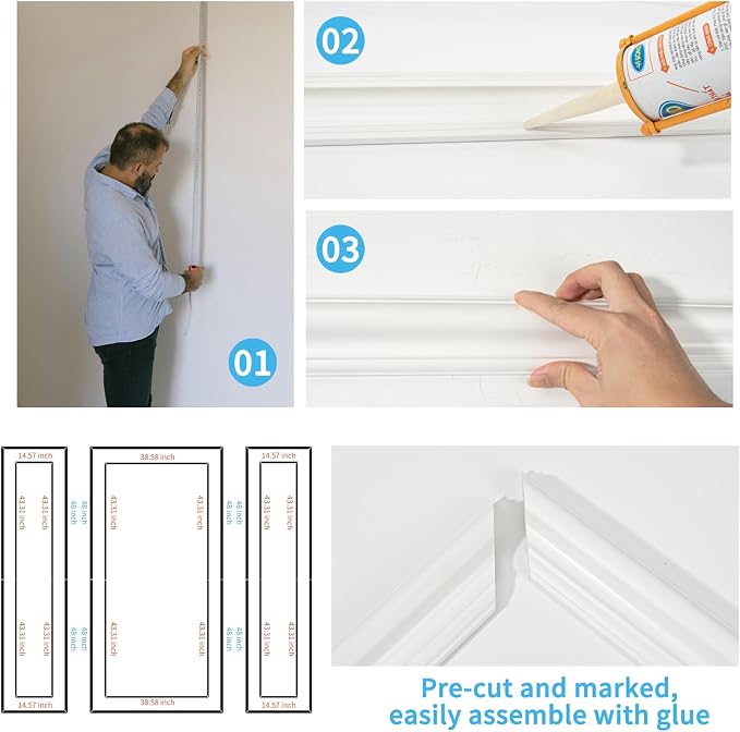 Art3d Premade Bilinear Frame Accent Molding Set, Pre-Cut Decorative Wainscoting Panel for Home Décor, Ready-to-Assemble Glue-On Wall Trim for Living Room Bedroom Corridor, 3 Whole Bilinear Frame