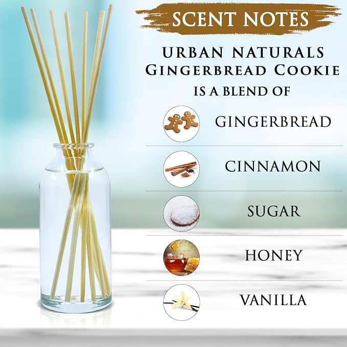 Urban Naturals Reed Diffuser Set, Gingerbread Cookie - Bathroom Shelf Décor | Warm Vanilla, Nutmeg, Cinnamon & Ginger, Made in the USA