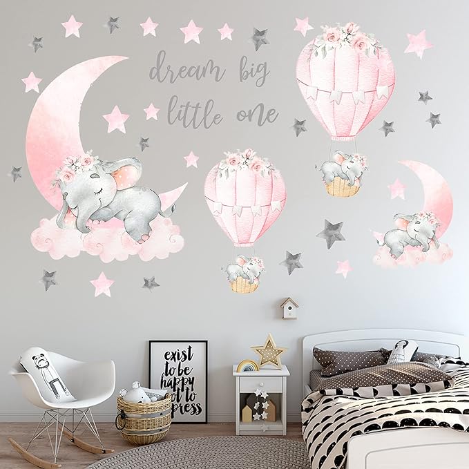 Dream Big Little One Elephant Wall Stickers, Pink Moon Hot Air Balloon Grey Stars Wall Decals for Nursery Kids Room Living Room Bedroom Decorations Home Decor