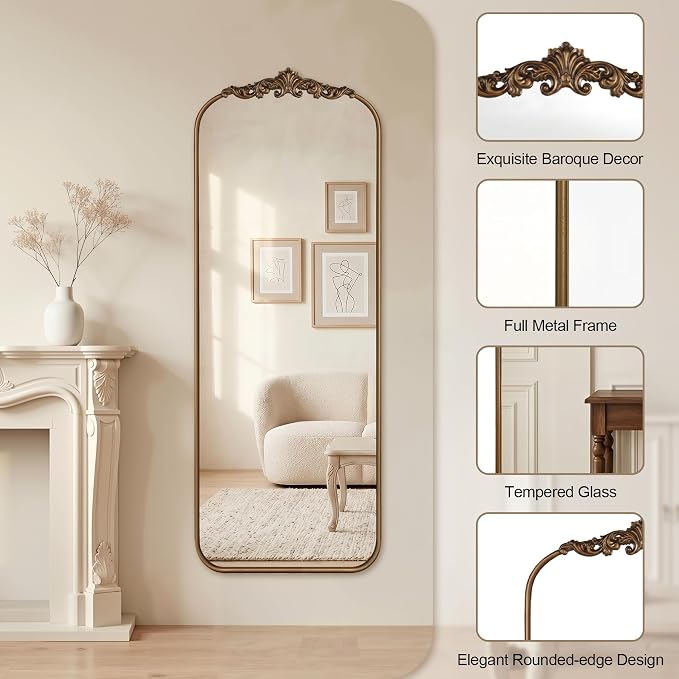 Vintage Gold Arched Full Length Mirror 56"x21" with Metal Frame | Ornate Baroque Design,HD Tempered Glass,Wall Mount,Antique Gold Finish