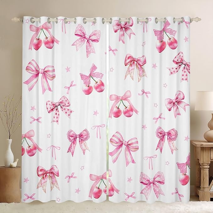 Erosebridal Pink Bow Kids Curtain Cherry Bow Girls 52" Wx63 L Window Curtain Cute Kawaii Bowknot Window Treatments Watercolor Star Ribbon Bow Tie 30%-50% Blackout Curtains for Bedroom