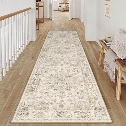 2x12 Washable Neutral Runner Rug Beige Vintage Hallway Kitchen Carpet Non-Slip Soft Low Pile Farmhouse Throw Rug for Bedroom Bathroom Laundry Living Room