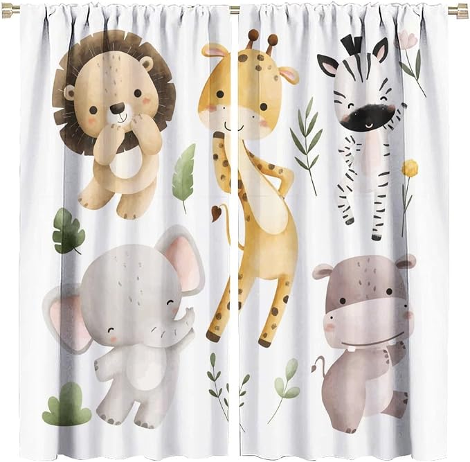 Nursery Curtains Jungle Safari Theme with Giraffe Print, Kids Room Classroom Decor, 55x63 Inches, 75% Blackout Fabric for Baby Nursery, Animal Cub Design, Easy Install & Machine Washable