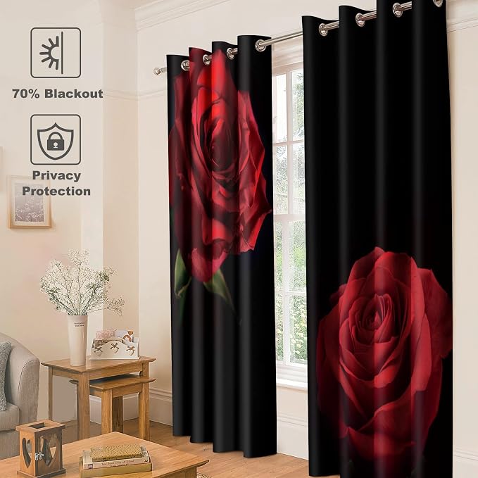 Jekeno Red Rose Floral Blackout Curtains - Romantic Black Red Roses Flower Theme Print Curtain for Girls Women Bedroom Living Room Home Decor Grommet Window Drapes 2 Panel Set, 42" x 63"