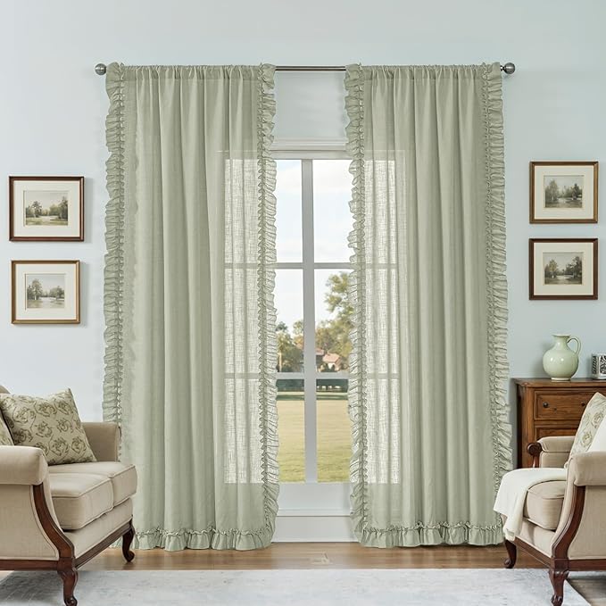 Light Sage Green Curtains 84 Inches Long 2 Panels, Each W47 x L84 Inch, Linen Textured Spring Farmhouse Ruffled Curtains for Living Room, Rod Pocket Privacy Semi-Sheer Scalloped Cottage Curtain Drapes
