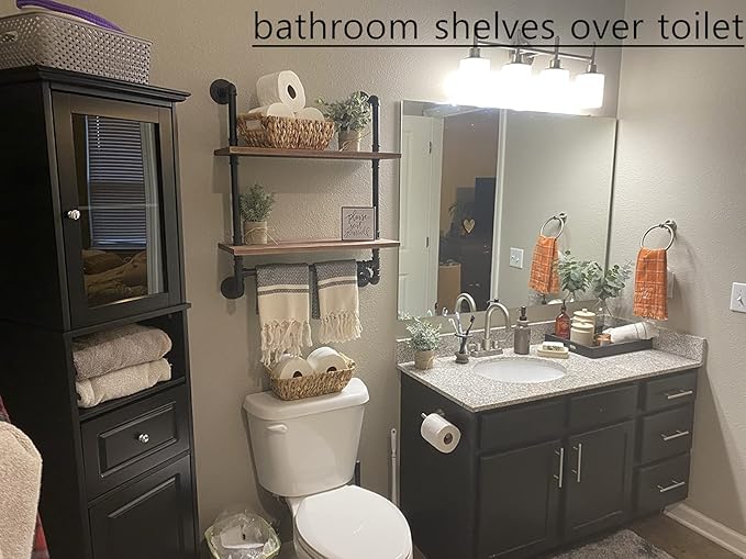 ROGMARS Industrial Pipe Shelf Floating Shelves Bathroom Pipe Shelving | Farmhouse Bathroom Shelves With Towel Bar Towel Rack over Toilet Industrial Shelf Rustic Wall Wood Shelves 19.7 Inch