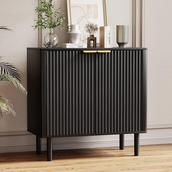 IKALIFE Sideboard Buffet Cabinet with Storage, Modern Fluted Accent Credenza with Doors & Adjustable Shelves, Wood Coffee Bar Console Table for Living Room, Dining Room, Kitchen Entryway 31.5" Black