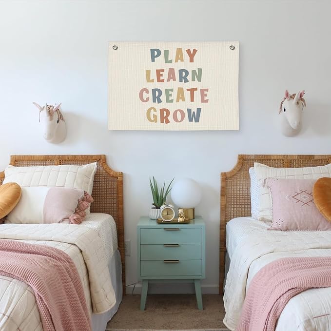Playroom Wall Decor, Play Learn Create Grow Boho Canvas Banner Wall Hanging Flag Decor for Nursery Classroom Kids Room