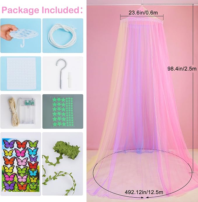 FIOBEE Bed Canopy for Girls Room Bed Canopy Curtains with Led Lights Mosquito Net DIY Princess Room Décor with Stars Butterflies for Kids Bedroom, Rainbow