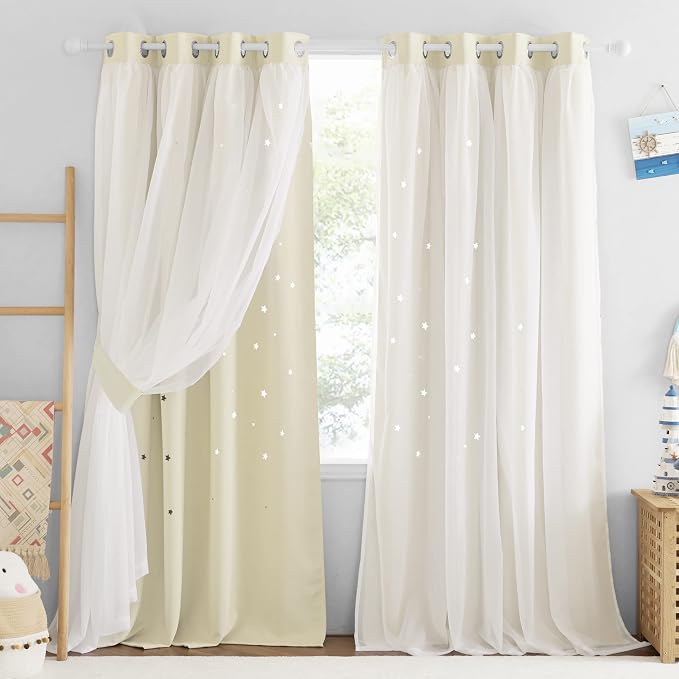 NICETOWN Baby Star Blackout Curtains with Sheer 84 Inches Long, Thermal Insulated Double Layer Room Darkening Curtains for Bedroom, Living Room, Nursery, 2 Panels, 52W x 84L, Light Beige