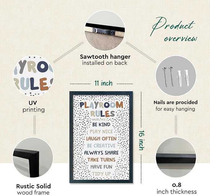 Playroom Rules Sign for Kids, 11x16 Black Wood Framed | Boho Neutral Polka Dot, Wall Decor