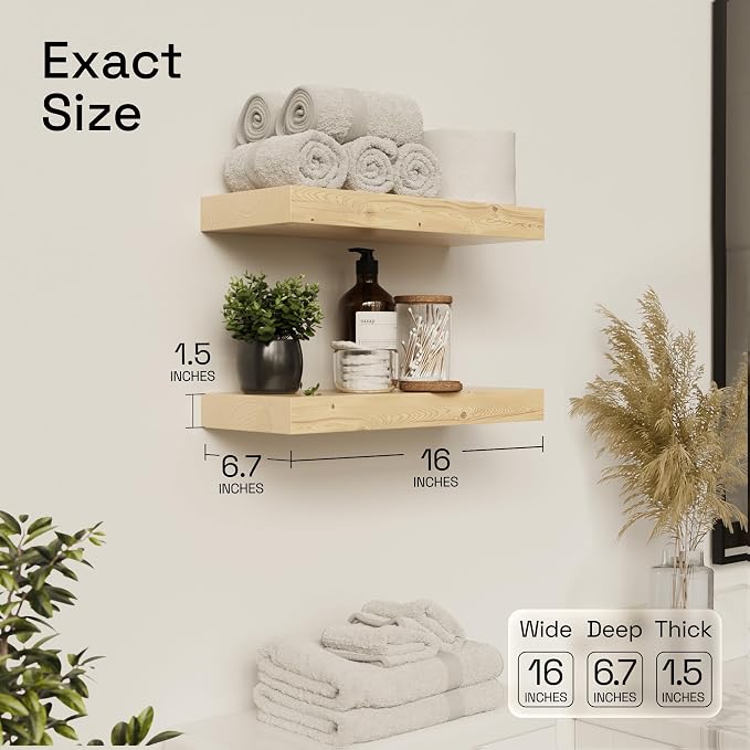 Wood Floating Shelves for Wall 16 inch, Natural Wood, Bathroom Wooden Shelf | Solid Wood, Wall Mounted, Rustic Farmhouse, Bathroom Bedroom Kitchen Living Room, Natural Oak Finish, 16W x 6.7D, Set of 2