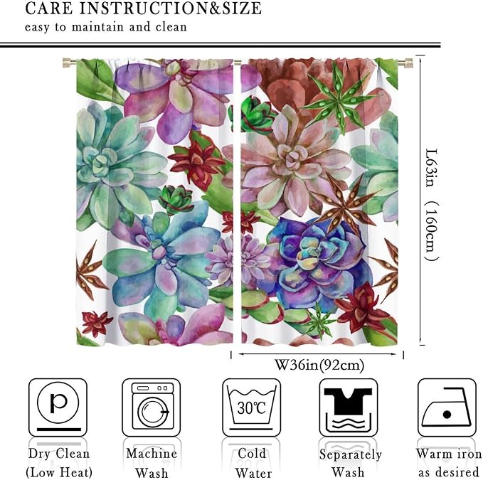 Succulents Tropical Plant Curtain Floral Boho Watercolor Summer Desert Botanical Vintage Garden for Home Kitchen Restaurant Decoration Drapes 2 Panels 72x63in