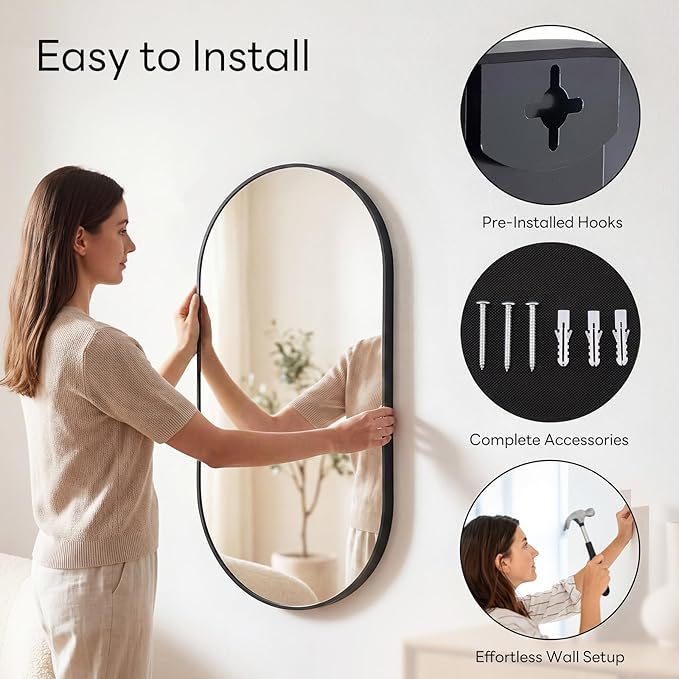 Sweetcrispy 24"x36" Oval Black Bathroom Mirrors for Wall, Bathroom Mirrors for Over Sink, Metal Framed with HD Shatter-Proof Glass for Entryway, Living Room, Bedroom