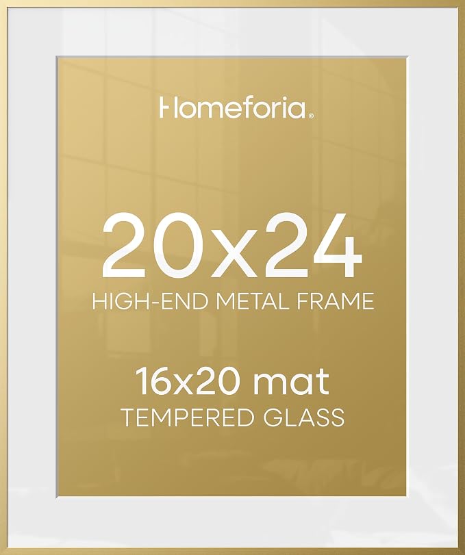 Homeforia 20x24 Picture Frame Gold, High End Metal 24x20 Frames for Wall, 20x24 Gold Frame Matted to 16x20 Print, 20 x 24 Poster Large Frame with Mat 16 by 20 Photo, Tempered Glass, Wall Kit, Set of 1